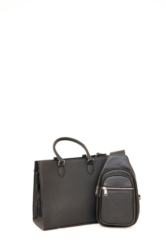 Leather Tote & Crossbody Bag Combo – Black (2-Piece Set)