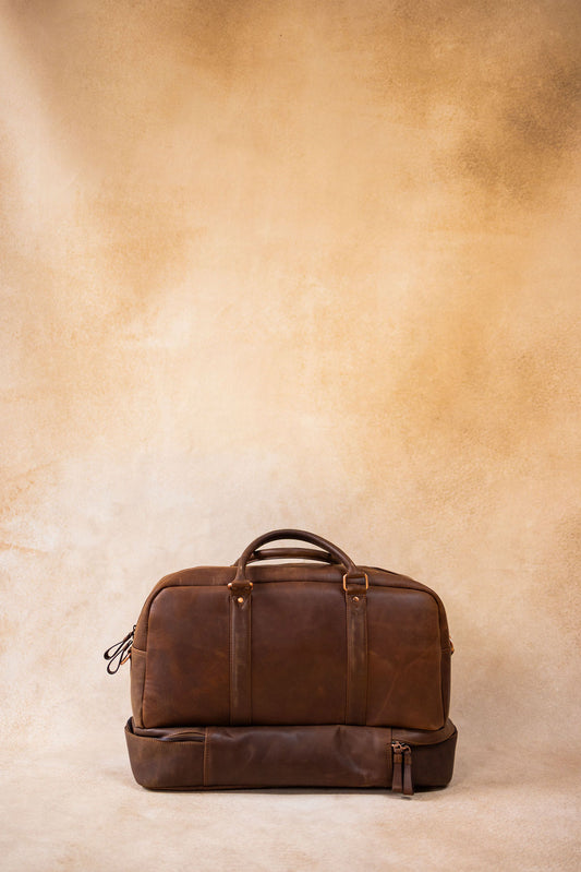 Premium Leather Duffel Bag with Shoe Compartment – Brown